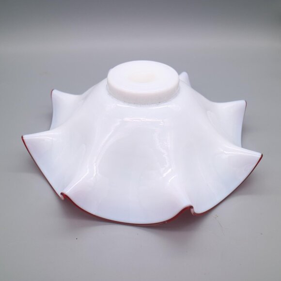 Antique Victorian Brides Basket Bowl Cranberry Pink White Cased Glass w/ Ruffles - Picture 6 of 8